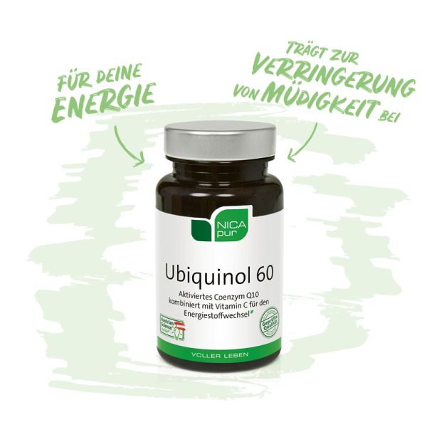 Ubiquinol 60 - Das aktivierte Coenzym Q10 kombiniert mit Vitamin C für den Energiestoffwechsel -Reinsubstanz, Glutenfrei, Laktosefrei, Fruktosefrei