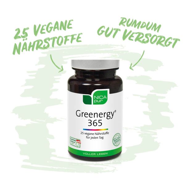 Greenergy® 365 - 25 vegane Nährstoffe für deine Rundumversorgung - Reinsubstanzen, Glutenfrei, Laktosefrei, Vegan