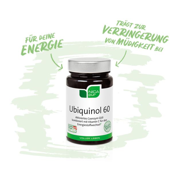 Ubiquinol 60 - Das aktivierte Coenzym Q10 kombiniert mit Vitamin C für den Energiestoffwechsel - Reinsubstanzen, Glutenfrei, Laktosefrei, Fruktosefrei