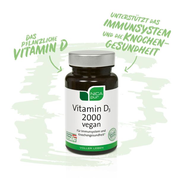 Vitamin D3 2000 vegan - Dein pflanzliches Vitamin D - Unterstützt dein Immunsystem und Knochen - Reinsubstanzen, Glutenfrei, Laktosefrei, Fruktosefrei, Vegan