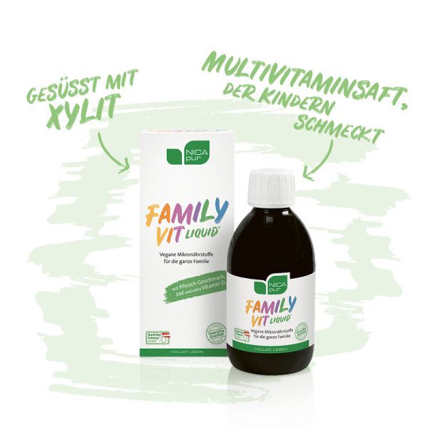 FamilyVit liquid® - Vegane Nährstoffe für die gesamte Familie, der besonders den Kindern schmeckt. Glutenfrei, Laktosefrei, Vegan
