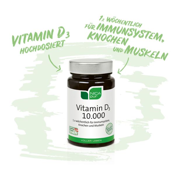 Vitamin D3 10.000 hochdosiert - Für Immunsystem, Knochen und Muskeln - Reinsubstanzen, Glutenfrei, Laktosefrei, Fruktosefrei