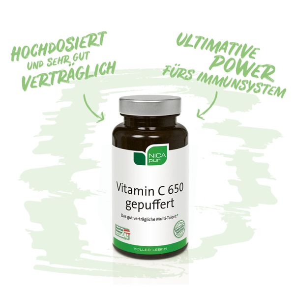 Vitamin C 650 gepuffert - das gut verträgliche Multitalent | Reinsubstanz, Glutenfrei, Laktosefrei, Fruktosefrei, Vegan 